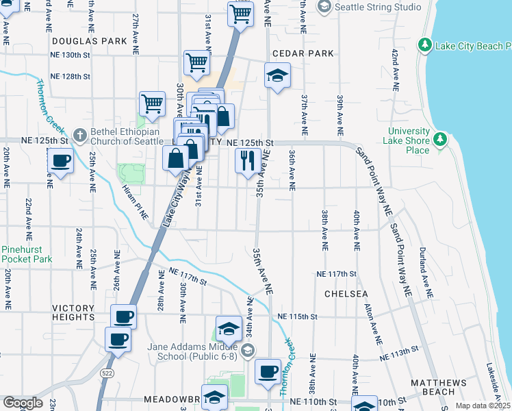 map of restaurants, bars, coffee shops, grocery stores, and more near 12035 35th Avenue Northeast in Seattle