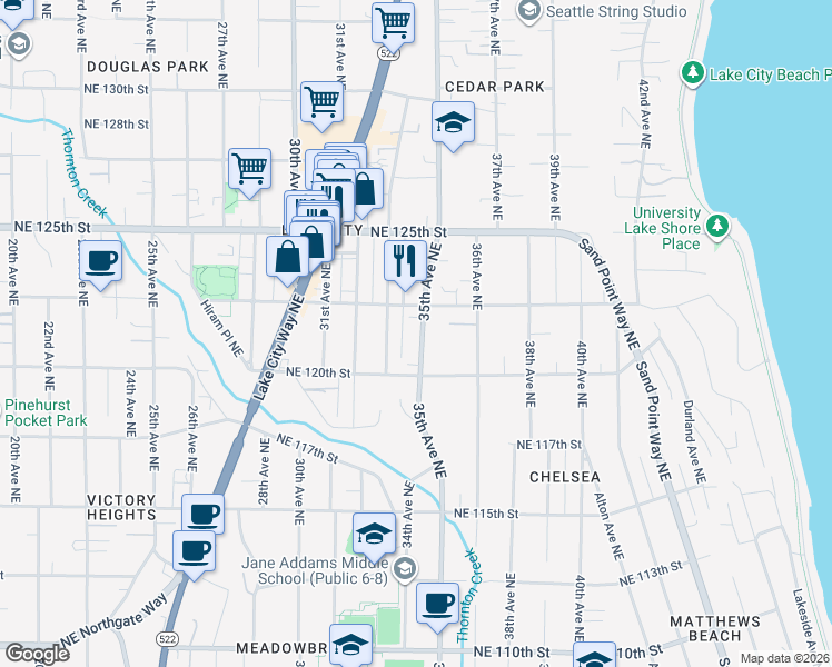 map of restaurants, bars, coffee shops, grocery stores, and more near 12035 35th Avenue Northeast in Seattle