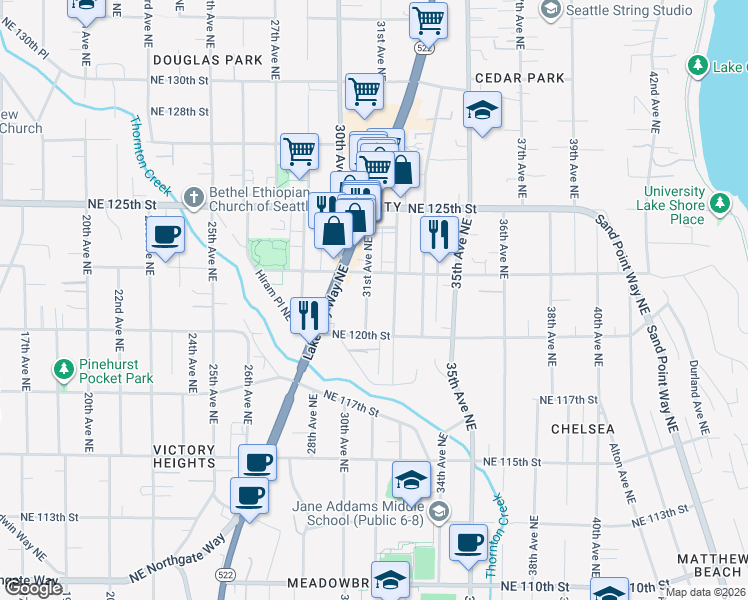 map of restaurants, bars, coffee shops, grocery stores, and more near 12038 31st Avenue Northeast in Seattle