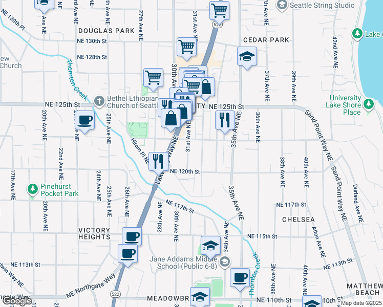 map of restaurants, bars, coffee shops, grocery stores, and more near 12038 31st Avenue Northeast in Seattle