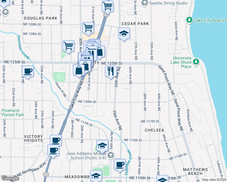 map of restaurants, bars, coffee shops, grocery stores, and more near 12035 35th Avenue Northeast in Seattle