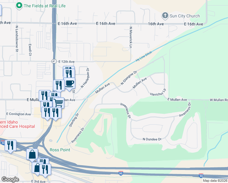 map of restaurants, bars, coffee shops, grocery stores, and more near 1000 North Glasgow Drive in Post Falls