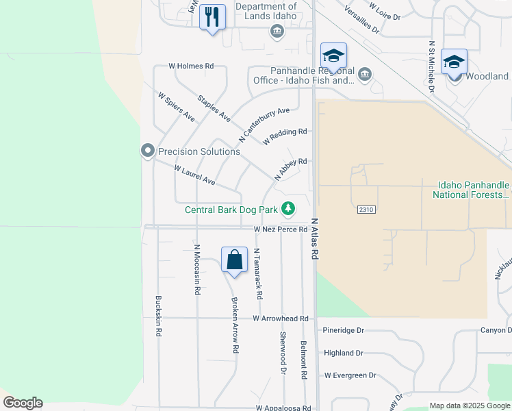 map of restaurants, bars, coffee shops, grocery stores, and more near 4075 North Abbey Road in Coeur d'Alene