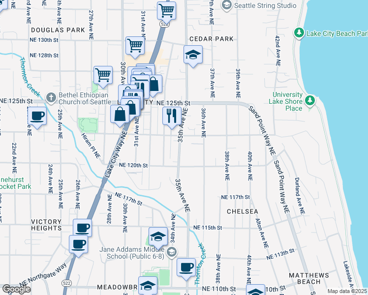 map of restaurants, bars, coffee shops, grocery stores, and more near 12036 35th Avenue Northeast in Seattle