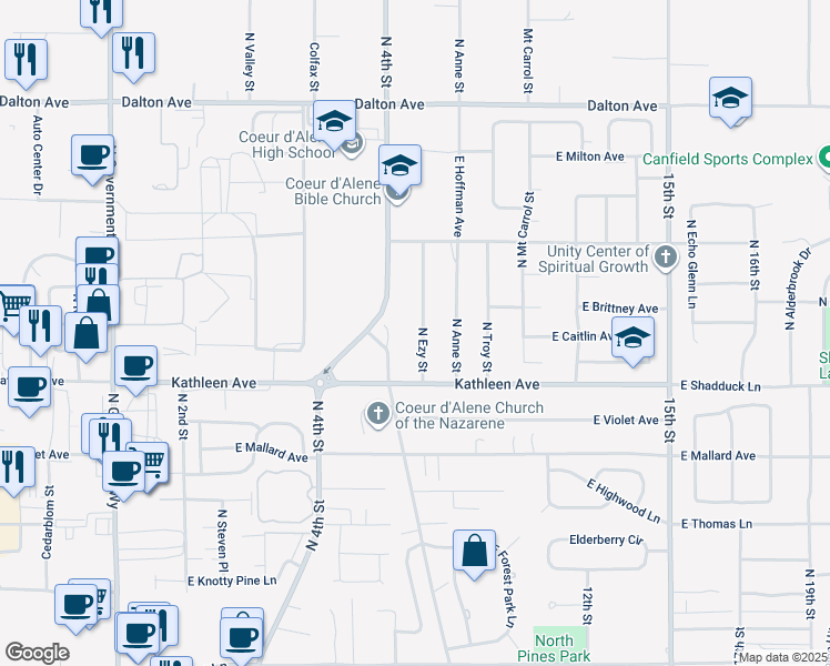 map of restaurants, bars, coffee shops, grocery stores, and more near 4935 North Ezy Street in Coeur d'Alene