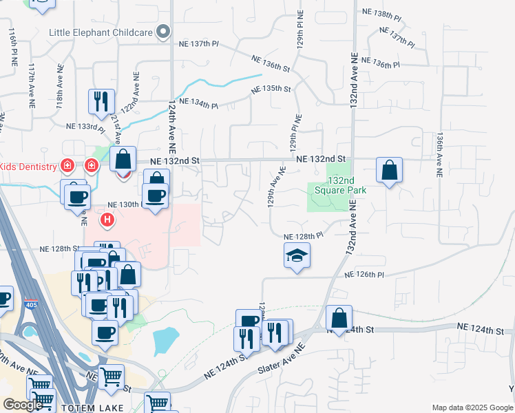 map of restaurants, bars, coffee shops, grocery stores, and more near 12715 Northeast 130th Court in Kirkland