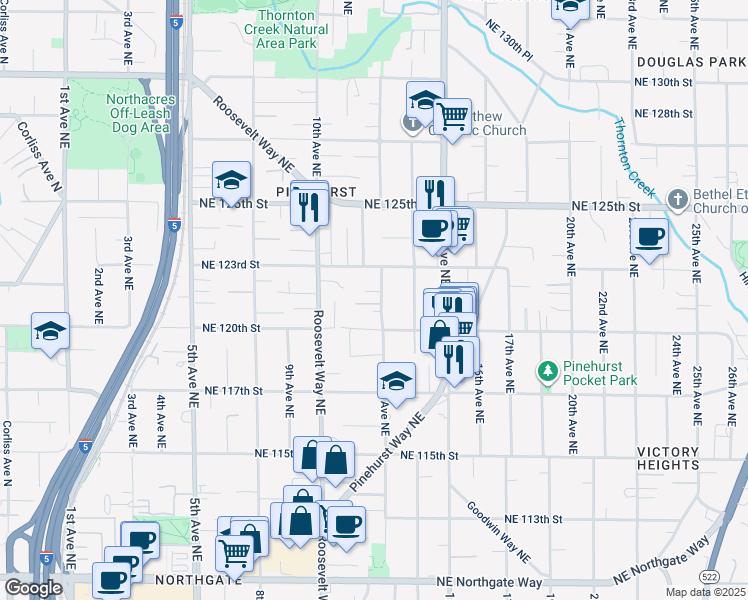 map of restaurants, bars, coffee shops, grocery stores, and more near 12027 12th Avenue Northeast in Seattle