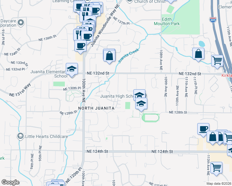 map of restaurants, bars, coffee shops, grocery stores, and more near 13005 103rd Place Northeast in Kirkland