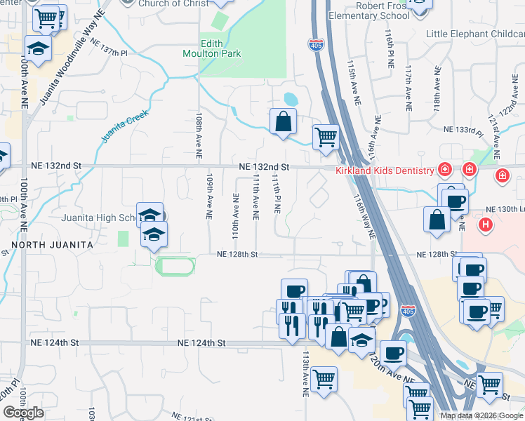 map of restaurants, bars, coffee shops, grocery stores, and more near 12854 111th Avenue Northeast in Kirkland
