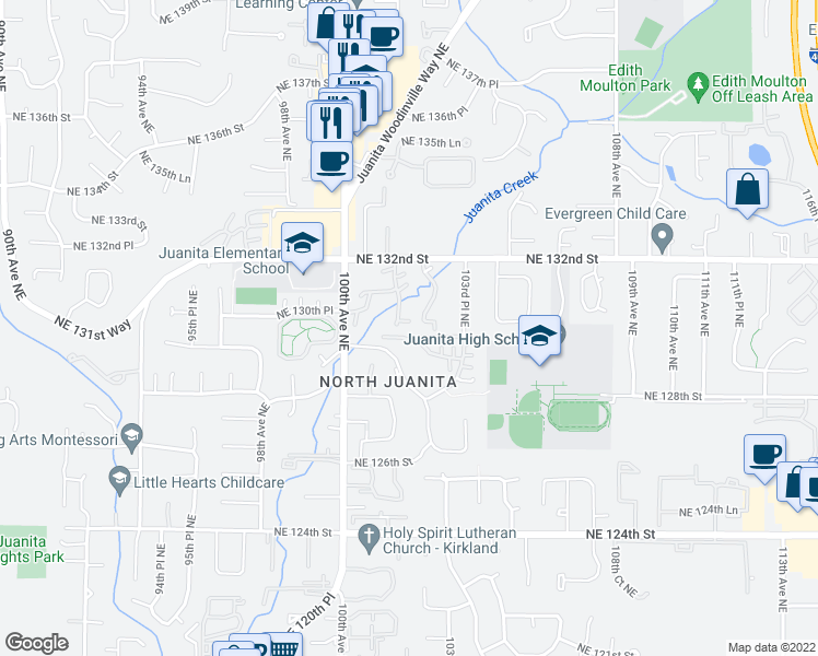 map of restaurants, bars, coffee shops, grocery stores, and more near 13010 101st Lane Northeast in Kirkland