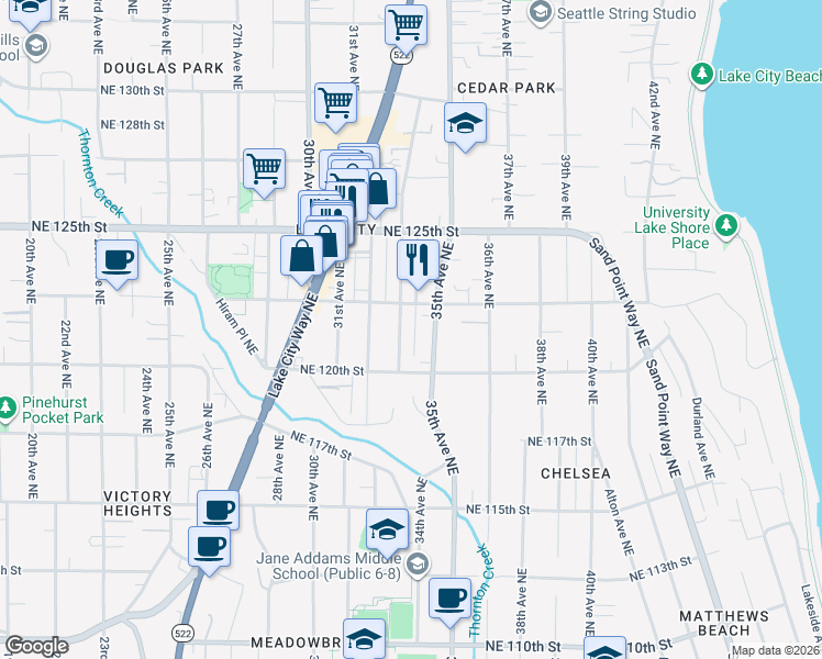 map of restaurants, bars, coffee shops, grocery stores, and more near 12038 33rd Avenue Northeast in Seattle