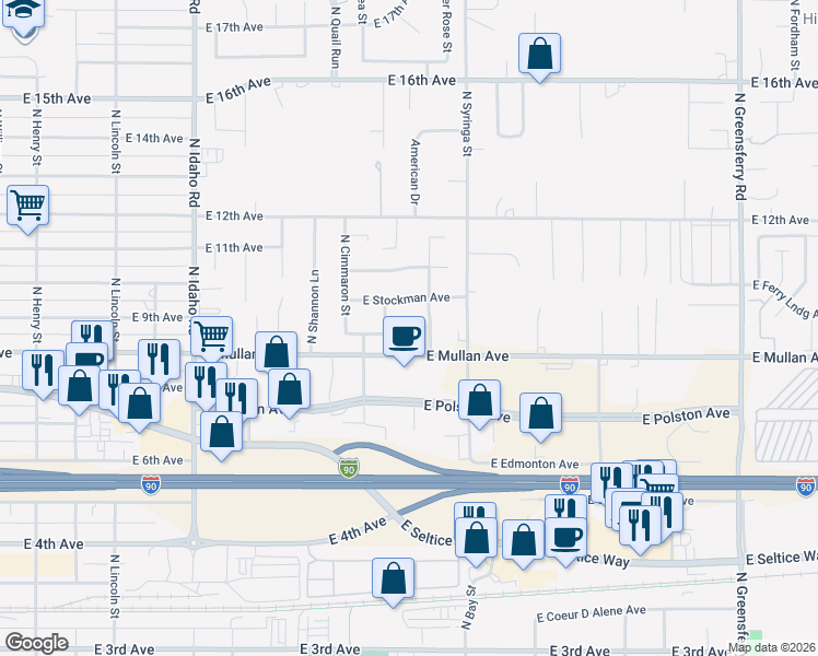 map of restaurants, bars, coffee shops, grocery stores, and more near 850 North Fulton Street in Post Falls