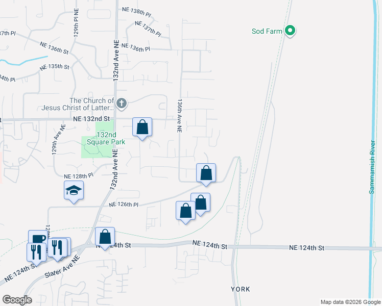 map of restaurants, bars, coffee shops, grocery stores, and more near 13606 Northeast 129th Drive in Kirkland