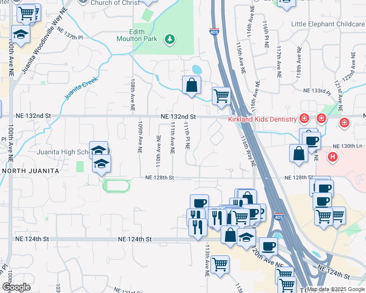 map of restaurants, bars, coffee shops, grocery stores, and more near 12854 111th Avenue Northeast in Kirkland
