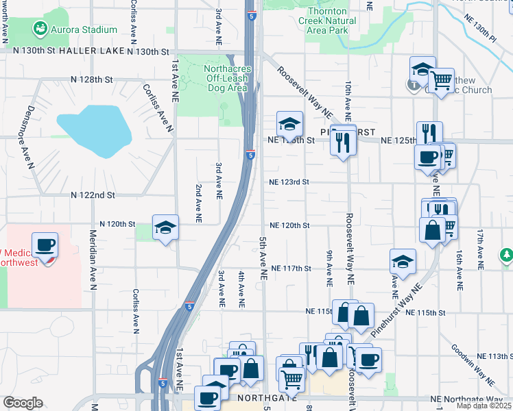 map of restaurants, bars, coffee shops, grocery stores, and more near 12021 5th Avenue Northeast in Seattle