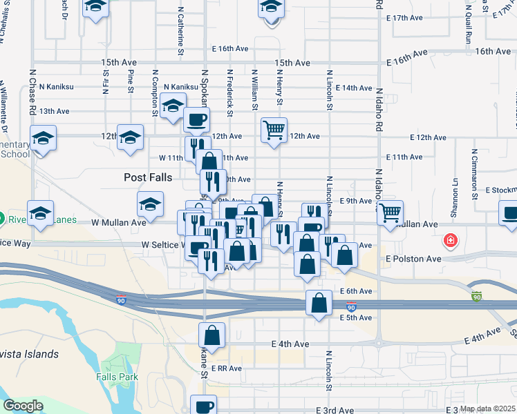 map of restaurants, bars, coffee shops, grocery stores, and more near 820 North William Street in Post Falls