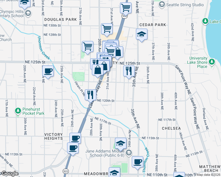 map of restaurants, bars, coffee shops, grocery stores, and more near 12038 31st Avenue Northeast in Seattle