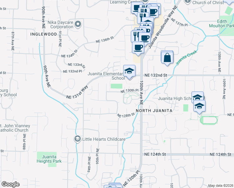 map of restaurants, bars, coffee shops, grocery stores, and more near 9725 Northeast 130th Place in Kirkland