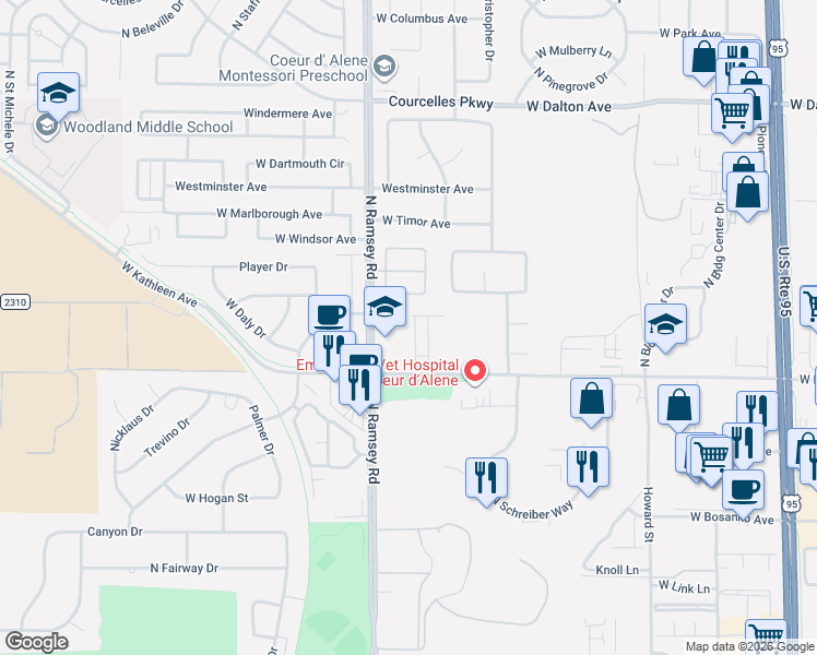 map of restaurants, bars, coffee shops, grocery stores, and more near in Coeur d'Alene