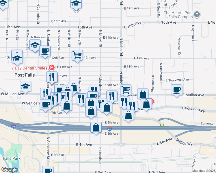 map of restaurants, bars, coffee shops, grocery stores, and more near 608 East 9th Avenue in Post Falls