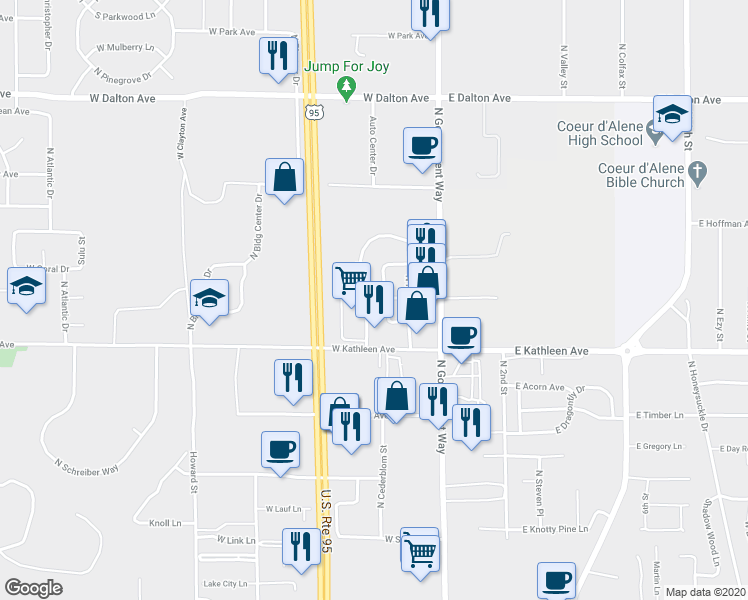 map of restaurants, bars, coffee shops, grocery stores, and more near 305 West Kathleen Avenue in Coeur d'Alene
