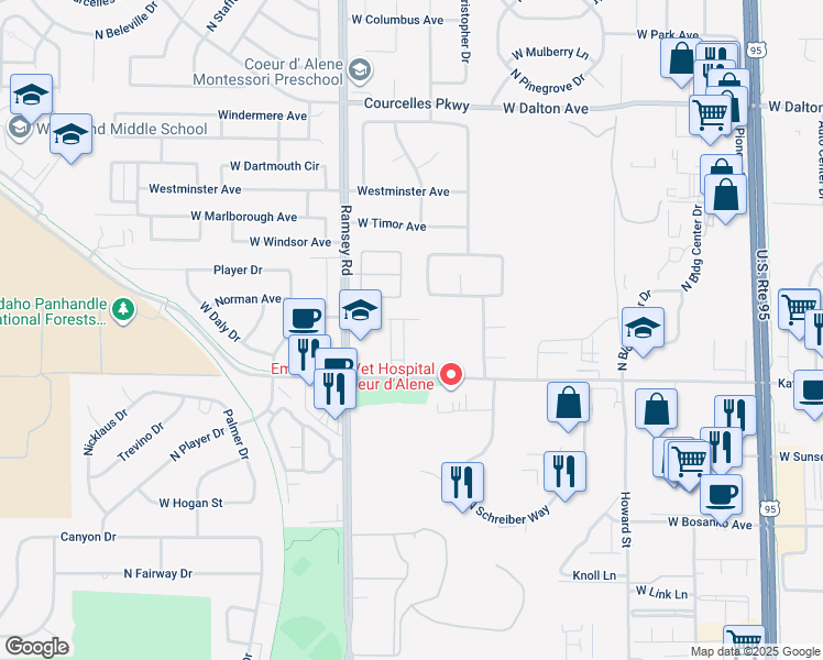map of restaurants, bars, coffee shops, grocery stores, and more near 1351 West Kathleen Avenue in Coeur d'Alene