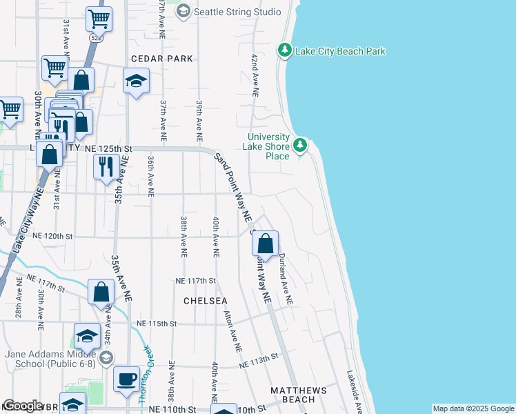 map of restaurants, bars, coffee shops, grocery stores, and more near 4212 Northeast 120th Street in Seattle