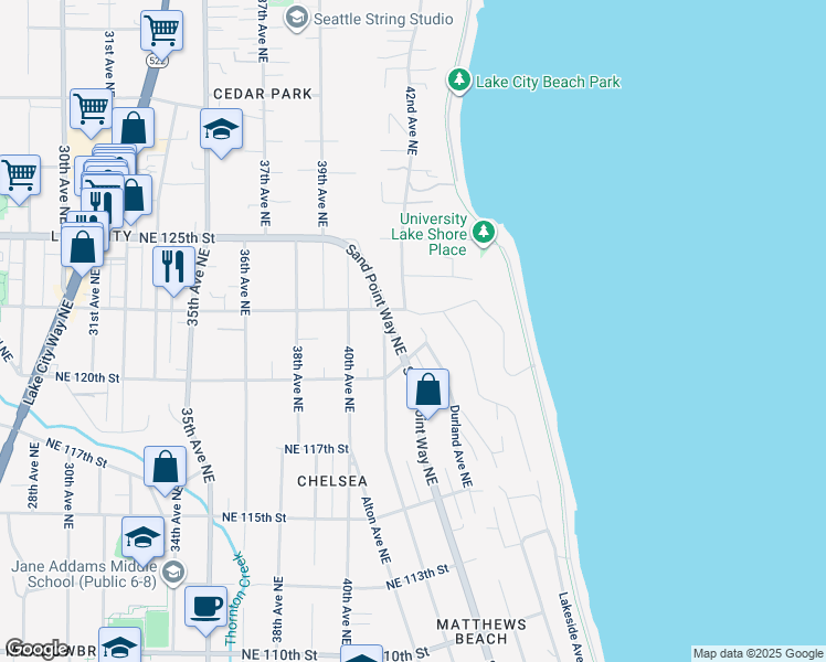 map of restaurants, bars, coffee shops, grocery stores, and more near 4212 Northeast 120th Street in Seattle