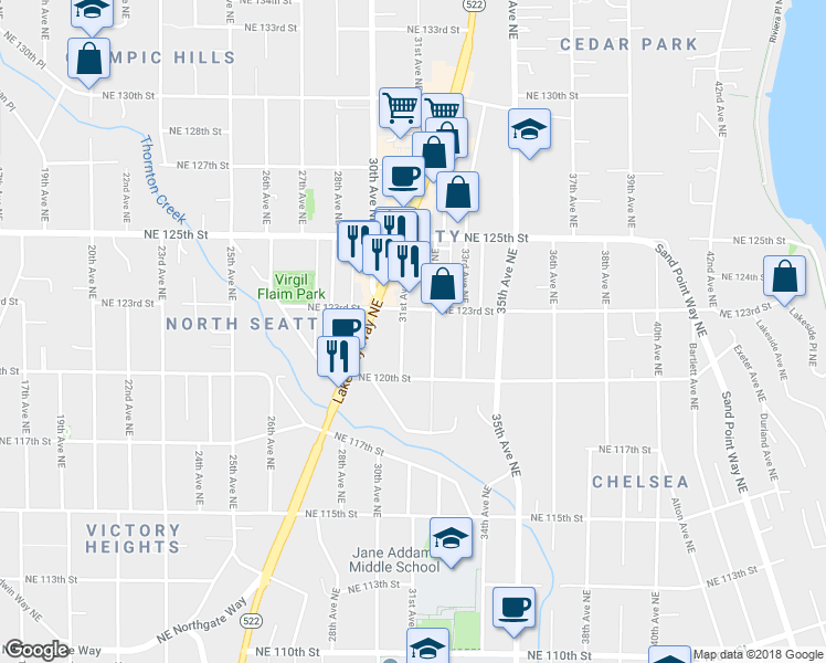 map of restaurants, bars, coffee shops, grocery stores, and more near 12038 31st Avenue Northeast in Seattle