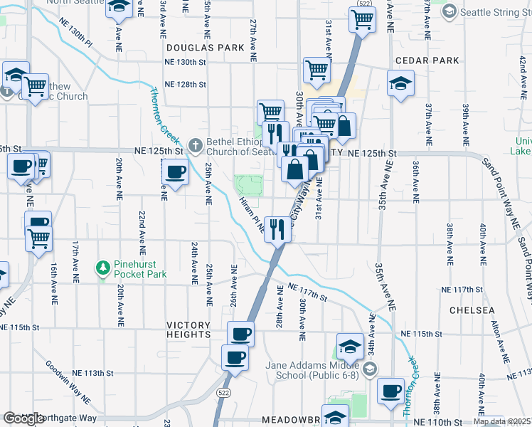 map of restaurants, bars, coffee shops, grocery stores, and more near 12026b 28th Avenue Northeast in Seattle