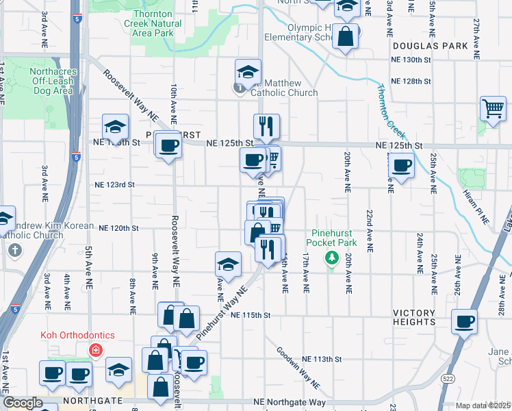 map of restaurants, bars, coffee shops, grocery stores, and more near 12027 15th Avenue Northeast in Seattle