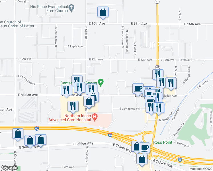 map of restaurants, bars, coffee shops, grocery stores, and more near 903 North Kimberly Lane in Post Falls