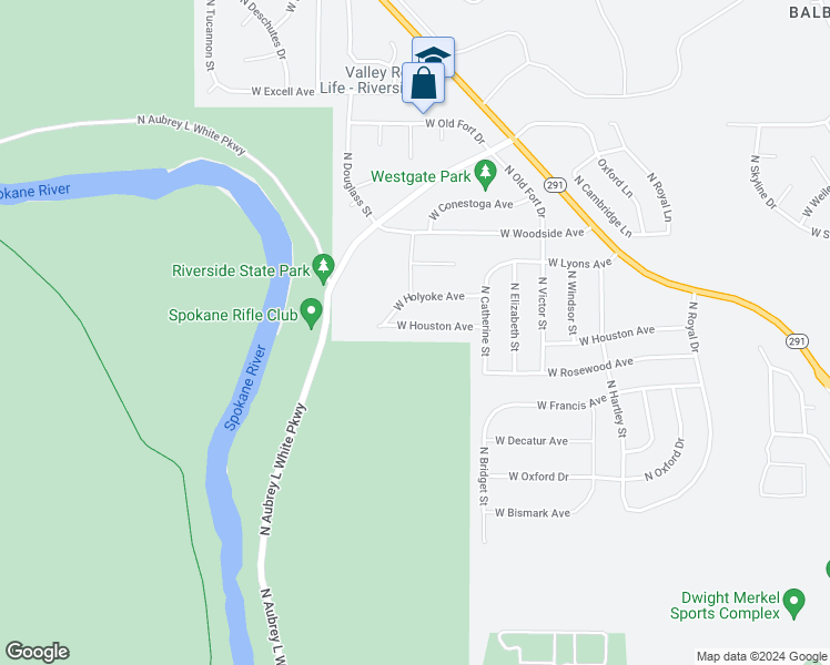 map of restaurants, bars, coffee shops, grocery stores, and more near 5715 West Houston Avenue in Spokane