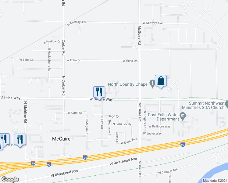 map of restaurants, bars, coffee shops, grocery stores, and more near 937 North Maranatha Drive in Post Falls