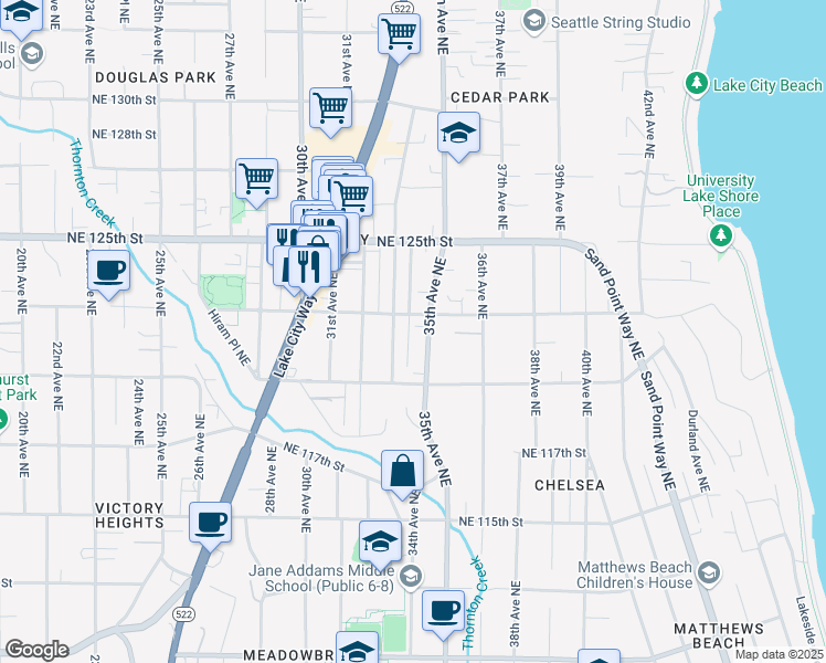 map of restaurants, bars, coffee shops, grocery stores, and more near 12053 35th Avenue Northeast in Seattle