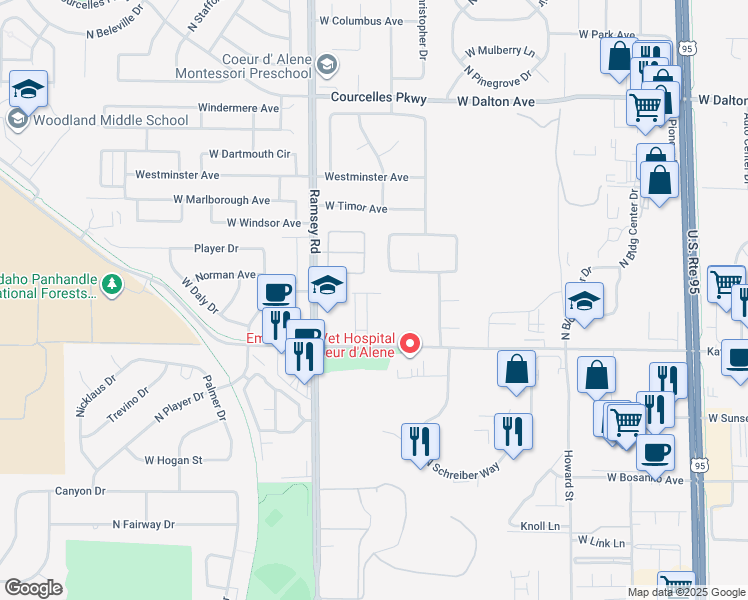 map of restaurants, bars, coffee shops, grocery stores, and more near 1351 West Kathleen Avenue in Coeur d'Alene
