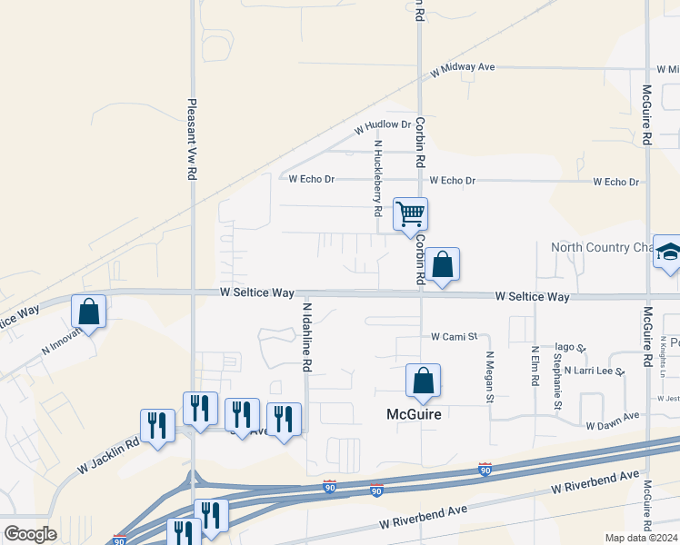map of restaurants, bars, coffee shops, grocery stores, and more near 3543 Karren Streeter Memorial Trail in Post Falls
