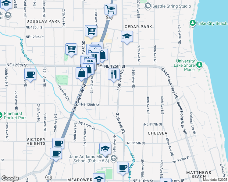 map of restaurants, bars, coffee shops, grocery stores, and more near 12035 35th Avenue Northeast in Seattle