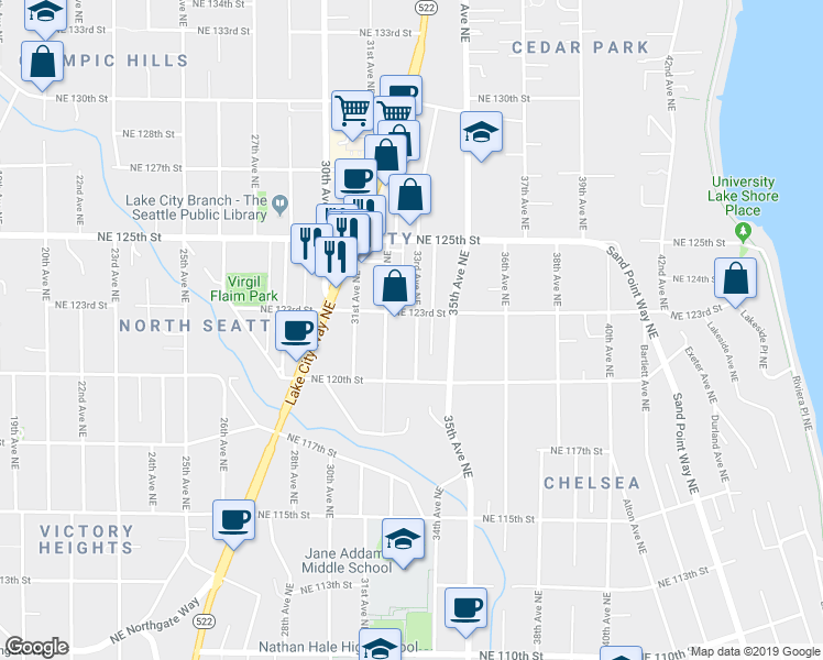 map of restaurants, bars, coffee shops, grocery stores, and more near 12042 32nd Avenue Northeast in Seattle