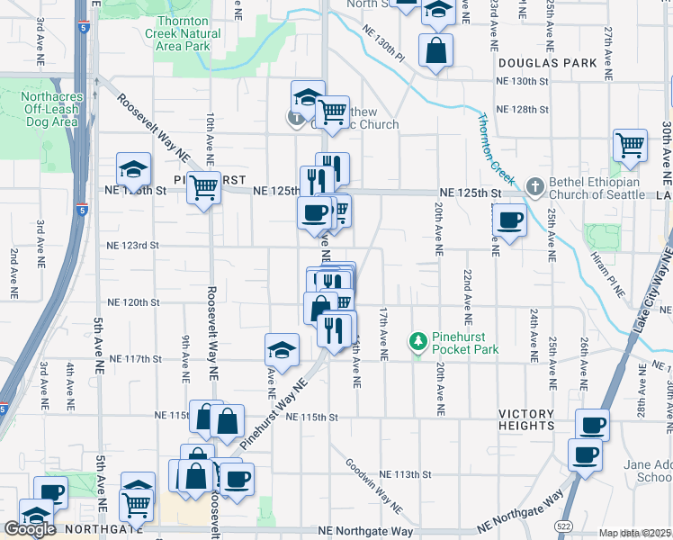 map of restaurants, bars, coffee shops, grocery stores, and more near 12025 Pinehurst Way Northeast in Seattle