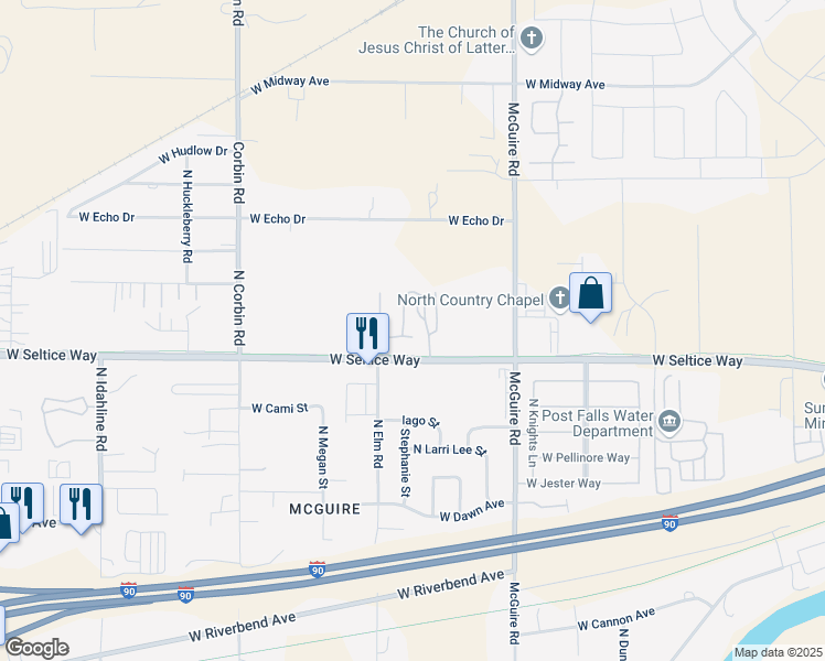map of restaurants, bars, coffee shops, grocery stores, and more near 2703 West Shed Court in Post Falls