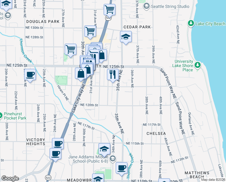 map of restaurants, bars, coffee shops, grocery stores, and more near 12035 35th Avenue Northeast in Seattle