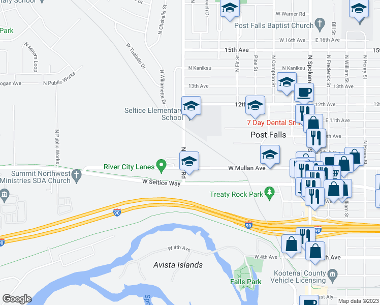 map of restaurants, bars, coffee shops, grocery stores, and more near 842 Chase Road in Post Falls