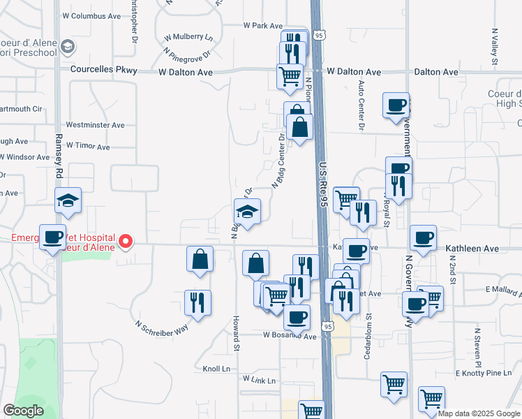 map of restaurants, bars, coffee shops, grocery stores, and more near 4904 North Duncan Drive in Coeur d'Alene