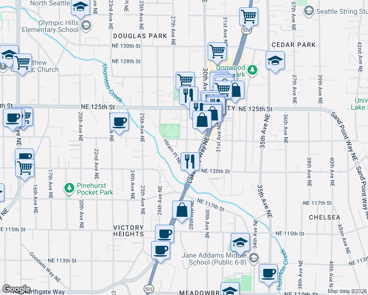map of restaurants, bars, coffee shops, grocery stores, and more near 12051 28th Avenue Northeast in Seattle