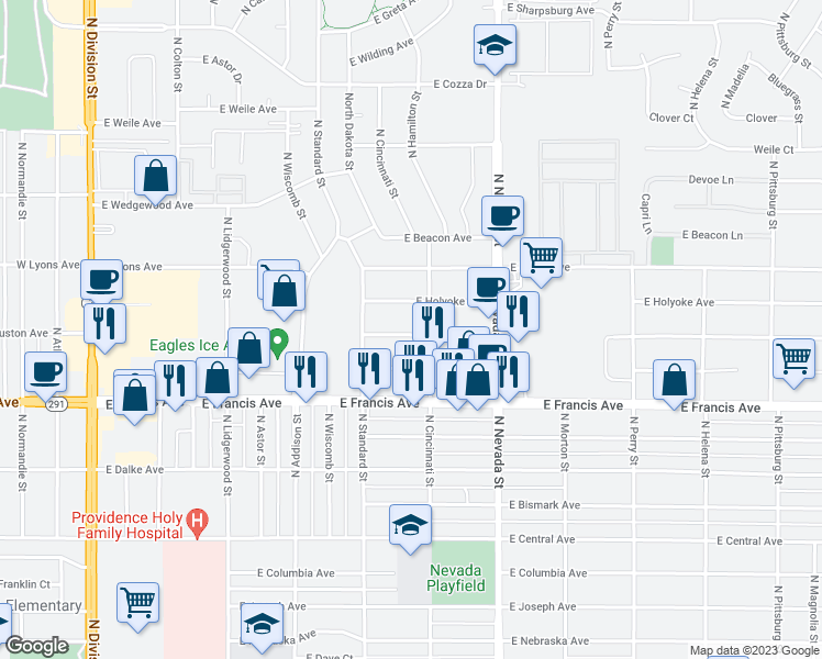 map of restaurants, bars, coffee shops, grocery stores, and more near 717 East Houston Avenue in Spokane