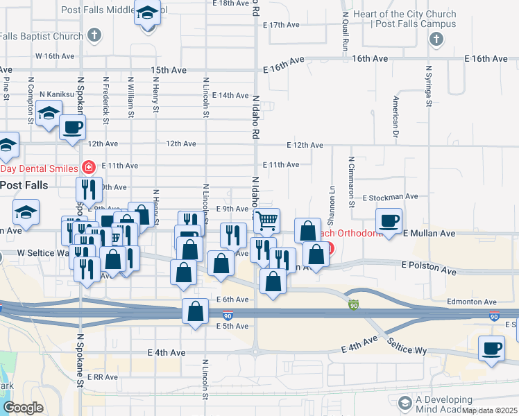 map of restaurants, bars, coffee shops, grocery stores, and more near 105 East Mullan Avenue in Post Falls