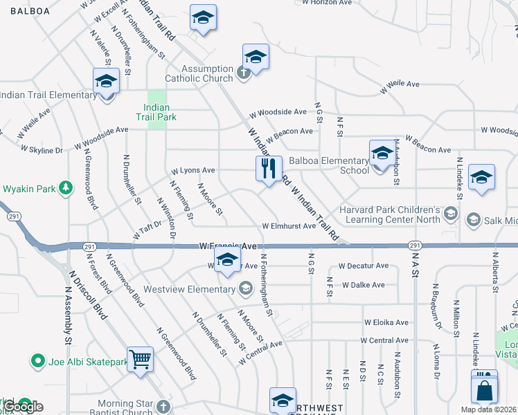 map of restaurants, bars, coffee shops, grocery stores, and more near 3426 West Elmhurst Avenue in Spokane