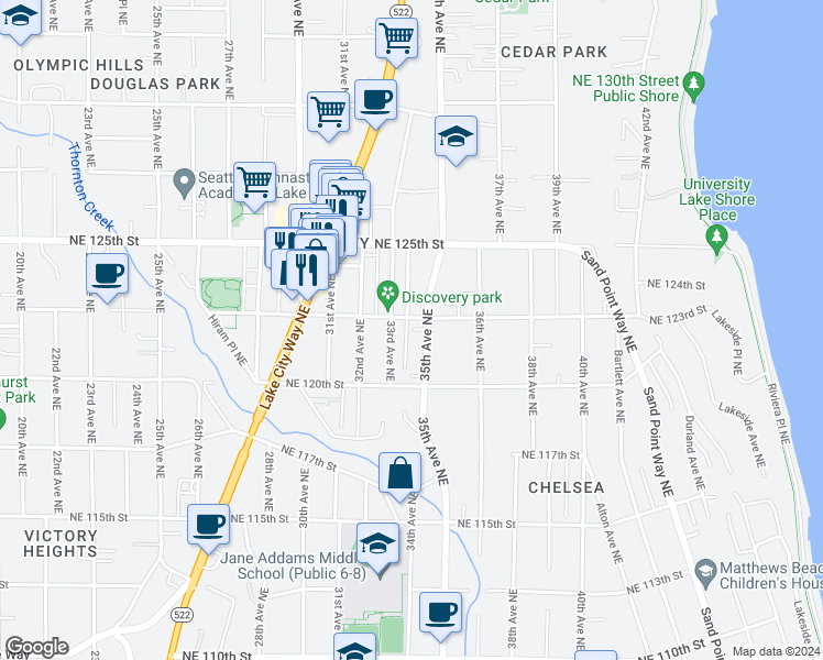 map of restaurants, bars, coffee shops, grocery stores, and more near 12035 35th Avenue Northeast in Seattle