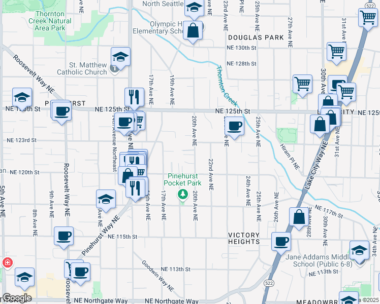 map of restaurants, bars, coffee shops, grocery stores, and more near 12024 20th Avenue Northeast in Seattle